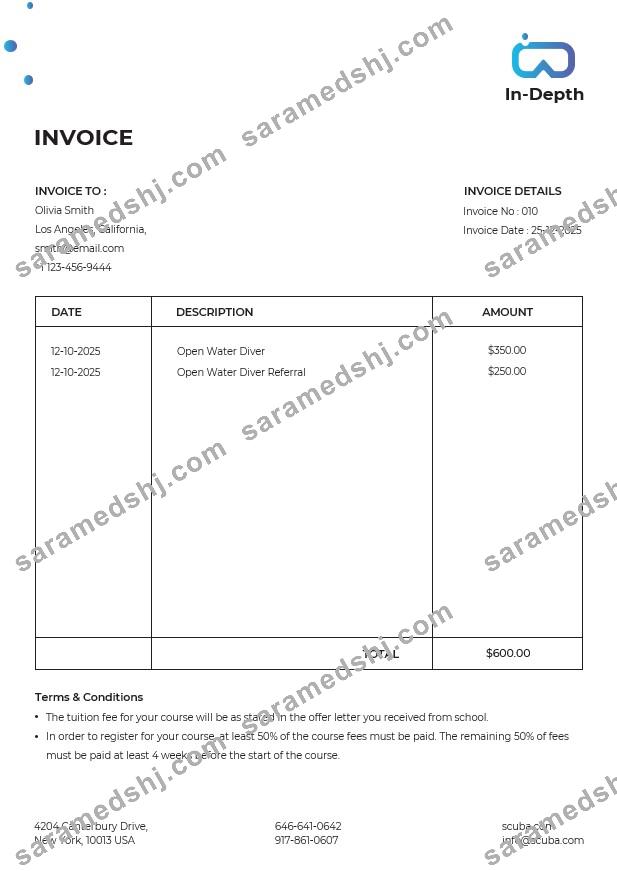 Scuba Diving School Invoice Template